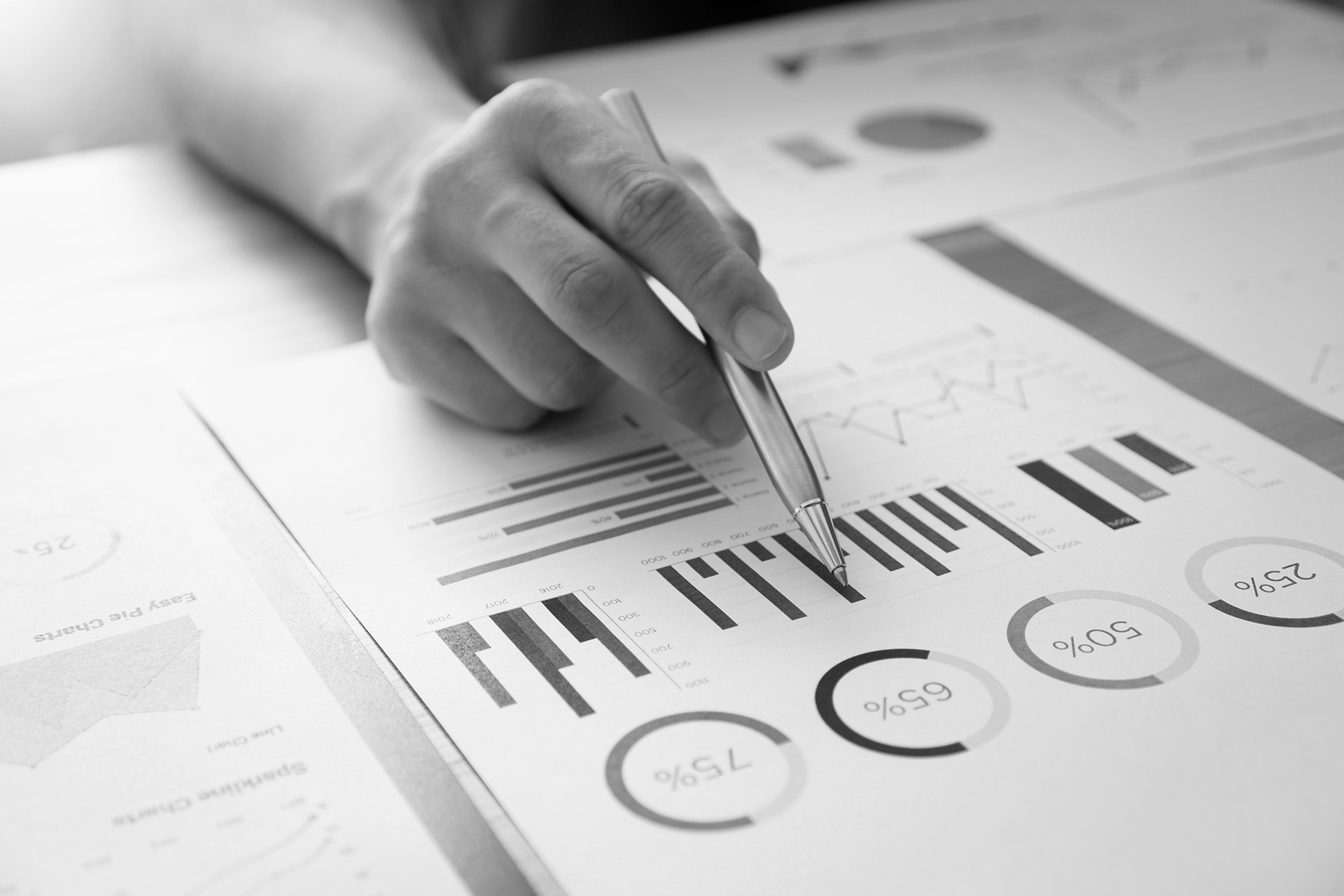 그래프와 데이터가 인쇄된 서류를 펜으로 가리키는 손