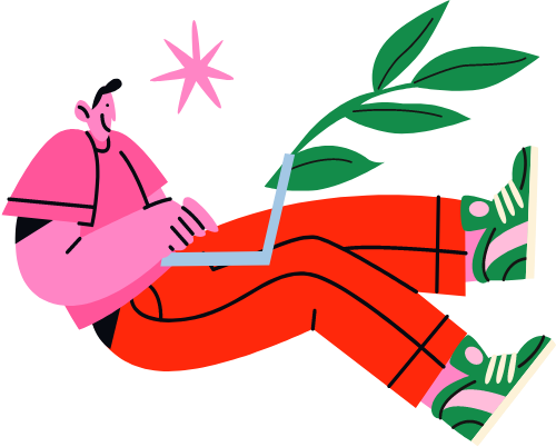 노트북을 사용하며 나뭇가지를 들고 있는 남성 일러스트