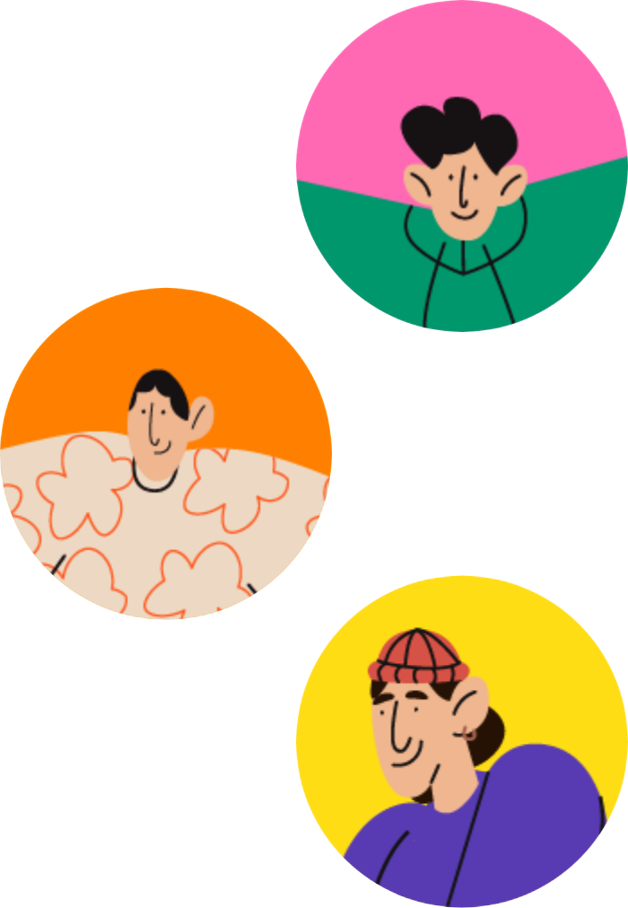 각기 다른 배경색의 원 안에 그려진 세 명의 인물 일러스트