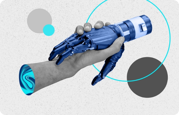 로봇 손이 파란색 튜브를 들고 있는 이미지