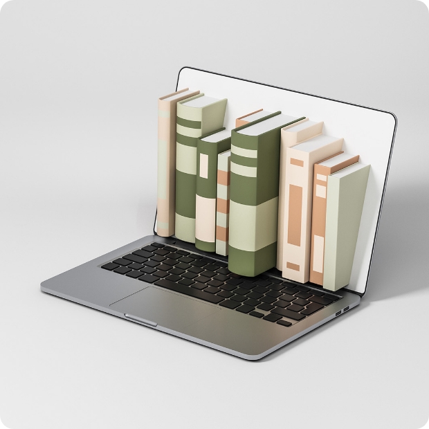 노트북 화면에서 책들이 나오는 이미지