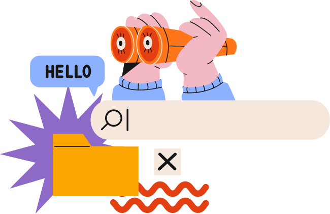 망원경과 검색창, 폴더 등이 어우러진 일러스트